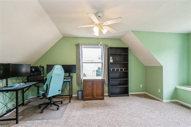 5309 NE Rainbow Cir, Lees Summit, MO 64064 - carpeted office space with lofted ceiling, ceiling fan, and baseboards