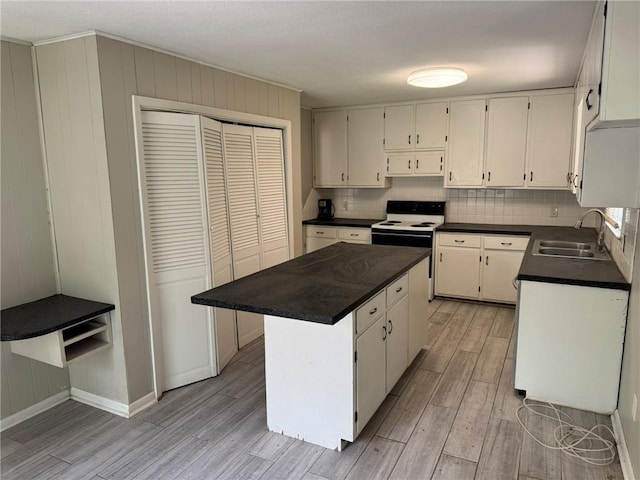 3006 S Santa Fe Rd, Independence, MO 64055 - kitchen with a sink, dark countertops, light wood-style flooring, and tasteful backsplash
