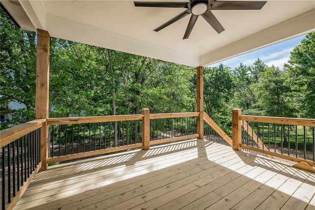 11147 Rowland Ave, Kansas City, KS 66109 - deck featuring a ceiling fan and view of scattered trees