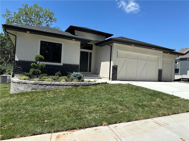 22393 W 89th Ter, Lenexa, KS 66227 - prairie-style house featuring an attached garage, stone siding, driveway, and stucco siding