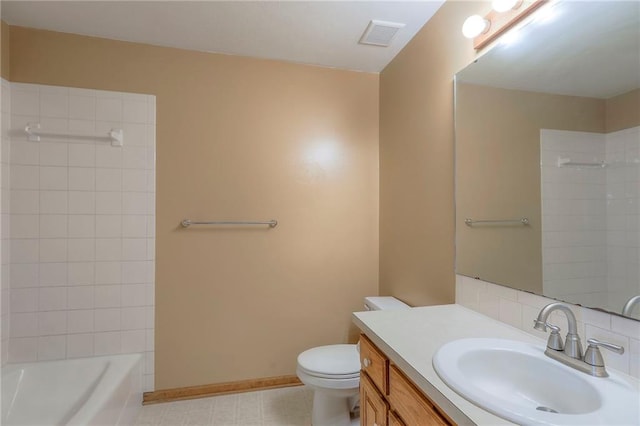 833 SW Harvest Dr, Grain Valley, MO 64029 - bathroom featuring vanity, toilet, baseboards, shower / washtub combination, and decorative backsplash