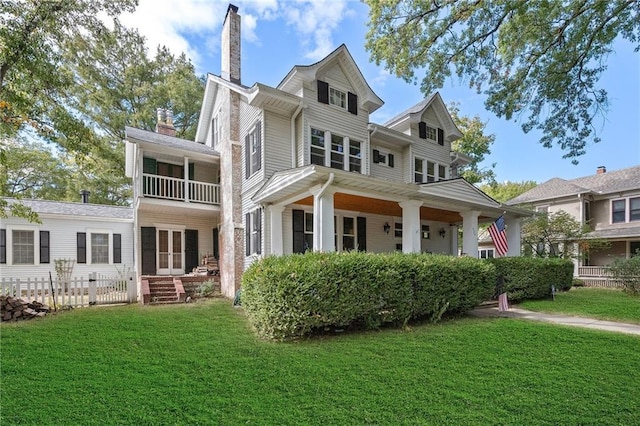 424 S Elm St, Ottawa, KS 66067 - back of property featuring a chimney, french doors, a balcony, and a porch