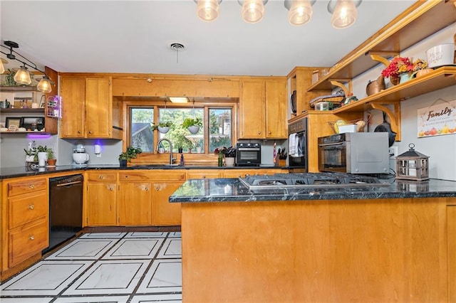424 S Elm St, Ottawa, KS 66067 - kitchen featuring open shelves, black appliances, a sink, and brown cabinetry