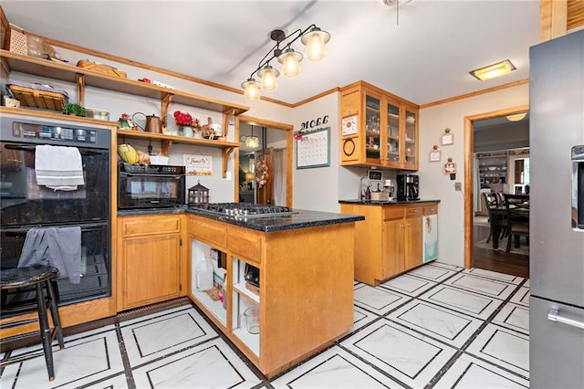 424 S Elm St, Ottawa, KS 66067 - kitchen with stainless steel appliances, open shelves, a peninsula, glass insert cabinets, and ornamental molding