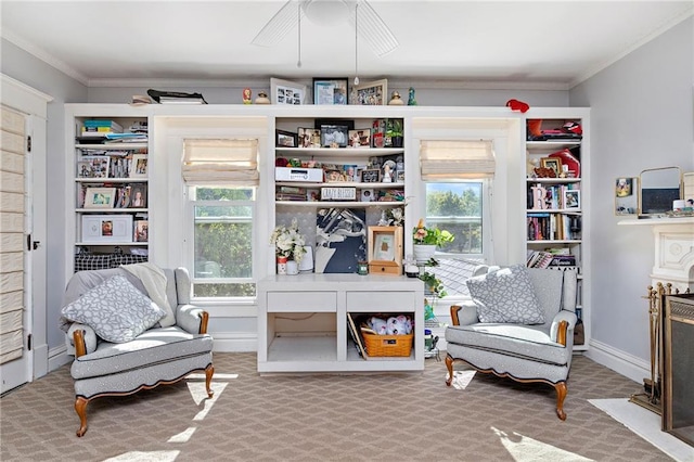 424 S Elm St, Ottawa, KS 66067 - sitting room with plenty of natural light, carpet flooring, crown molding, and a ceiling fan
