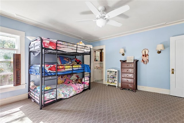 424 S Elm St, Ottawa, KS 66067 - bedroom with carpet, baseboards, a ceiling fan, crown molding, and ensuite bathroom