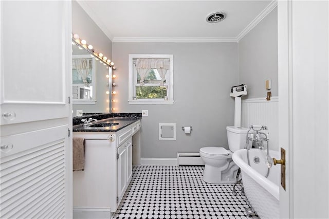 424 S Elm St, Ottawa, KS 66067 - full bath featuring a freestanding bath, vanity, toilet, crown molding, and a baseboard heating unit