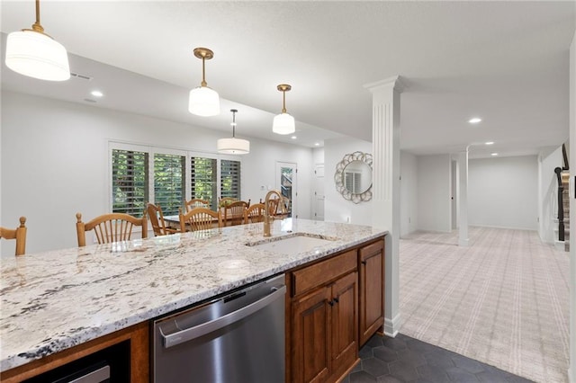 4424 NE Shadow Valley Cir, Lees Summit, MO 64064 - kitchen featuring stainless steel dishwasher, a sink, dark carpet, recessed lighting, and light stone countertops