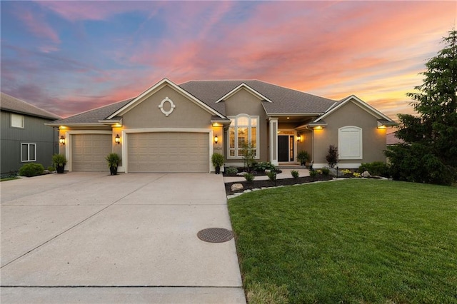 4424 NE Shadow Valley Cir, Lees Summit, MO 64064 - ranch-style house with an attached garage, a lawn, driveway, and stucco siding