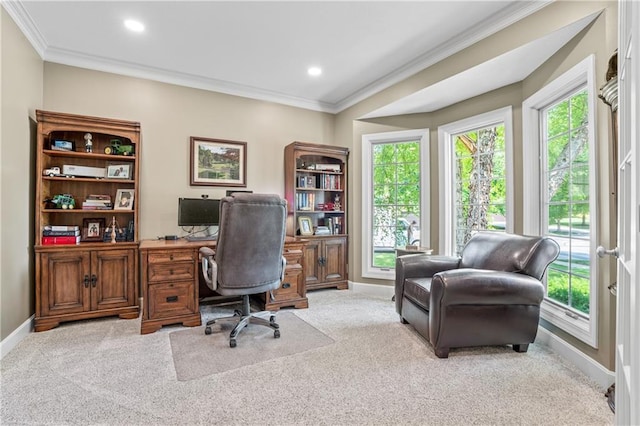 13897 W 140th St, Olathe, KS 66062 - carpeted home office featuring healthy amount of natural light, ornamental molding, baseboards, and recessed lighting