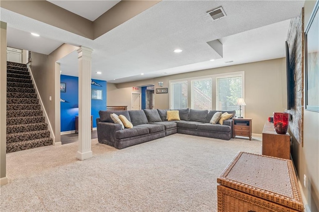 13897 W 140th St, Olathe, KS 66062 - living room with carpet floors, ornate columns, baseboards, and recessed lighting