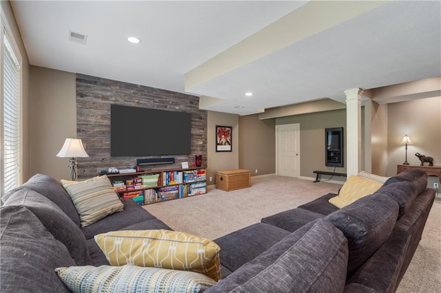 13897 W 140th St, Olathe, KS 66062 - living area featuring carpet, ornate columns, recessed lighting, baseboards, and an accent wall