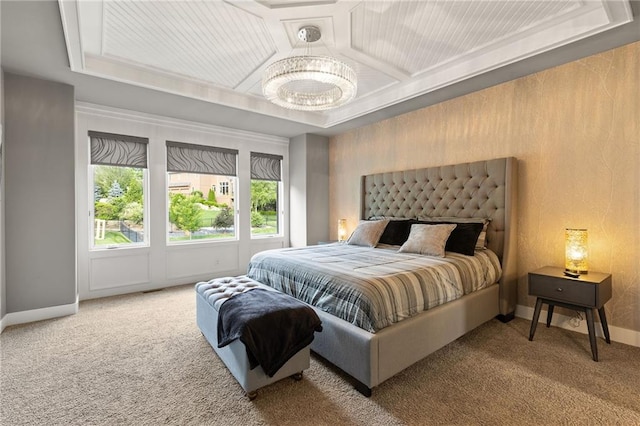 5947 N Cosby St, Kansas City, MO 64151 - bedroom with a chandelier, carpet flooring, baseboards, and coffered ceiling
