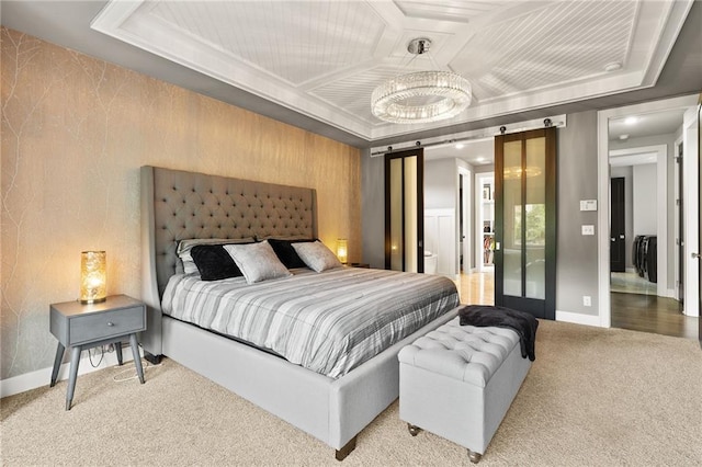5947 N Cosby St, Kansas City, MO 64151 - bedroom with carpet floors, baseboards, an accent wall, and coffered ceiling
