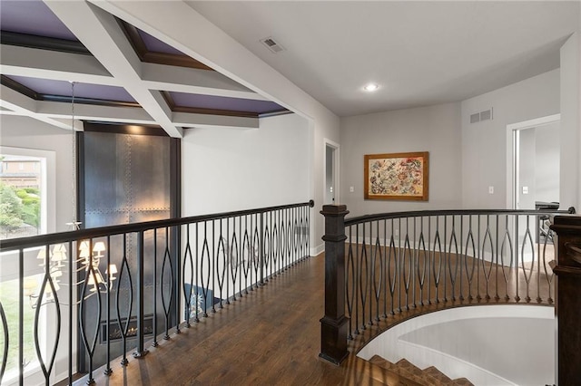 5947 N Cosby St, Kansas City, MO 64151 - corridor featuring wood finished floors, an upstairs landing, beamed ceiling, recessed lighting, and baseboards