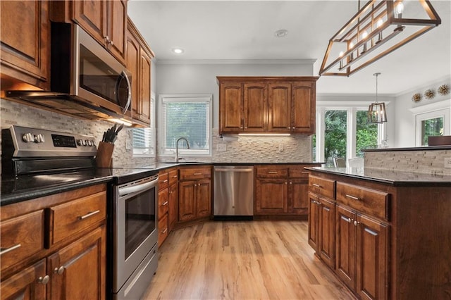 11412 S Lakecrest Dr, Olathe, KS 66061 - kitchen with appliances with stainless steel finishes, a sink, crown molding, plenty of natural light, and light wood-style flooring