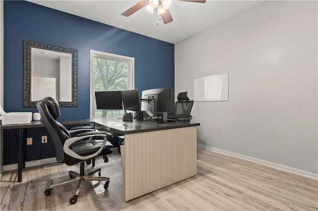 11412 S Lakecrest Dr, Olathe, KS 66061 - office featuring ceiling fan, light wood-style flooring, and baseboards