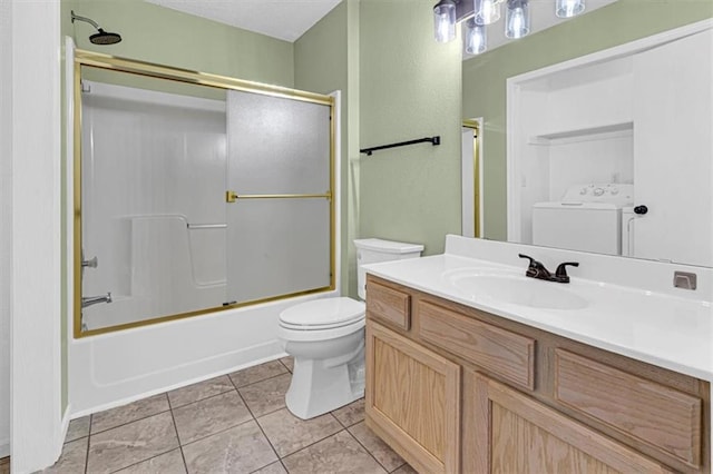 1413 SE Norwood Dr, Lees Summit, MO 64081 - full bath featuring washer / dryer, toilet, vanity, combined bath / shower with glass door, and tile patterned floors