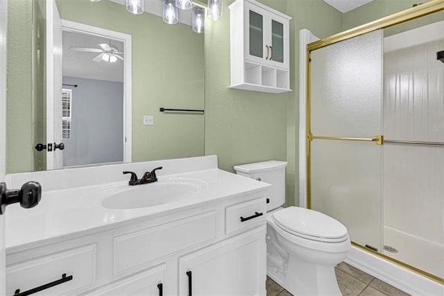 1413 SE Norwood Dr, Lees Summit, MO 64081 - full bath with toilet, a shower stall, vanity, tile patterned flooring, and a ceiling fan