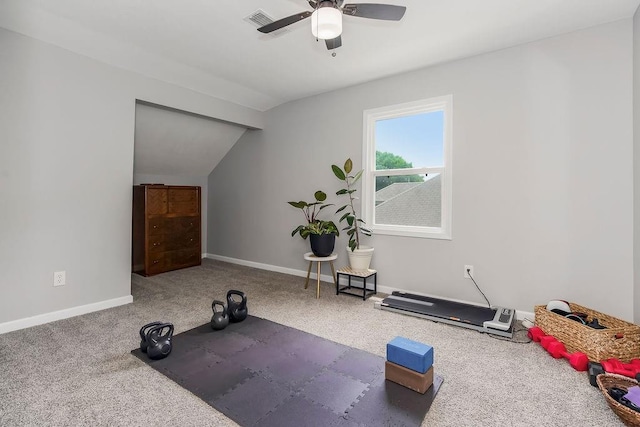 920 S Washington St, Independence, MO 64050 - exercise area featuring ceiling fan, vaulted ceiling, baseboards, and carpet flooring