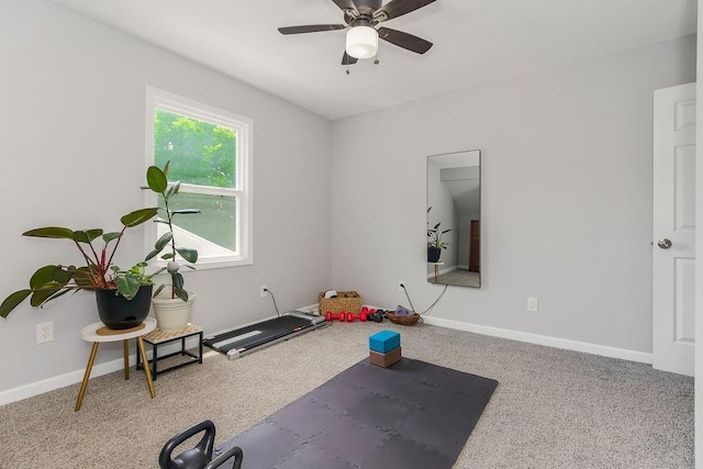 920 S Washington St, Independence, MO 64050 - workout room featuring carpet floors, ceiling fan, and baseboards