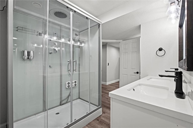 22617 155th St, Basehor, KS 66007 - bathroom with wood finished floors, a shower stall, and double vanity