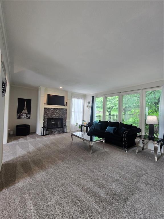 13810 W 53rd St, Shawnee, KS 66216 - carpeted living room featuring a stone fireplace and ornamental molding