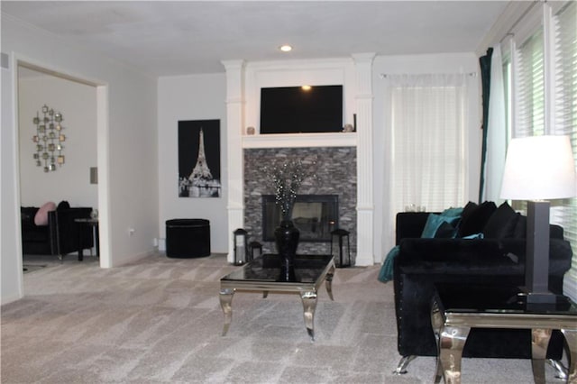 13810 W 53rd St, Shawnee, KS 66216 - carpeted living area with a stone fireplace and crown molding