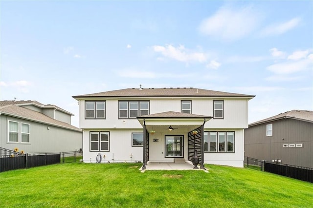 1709 SW Hightown Dr, Lees Summit, MO 64082 - rear view of property featuring ceiling fan, a patio area, and a fenced backyard