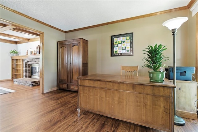 15206 W 85th St, Lenexa, KS 66219 - home office with dark wood finished floors, a fireplace, and crown molding
