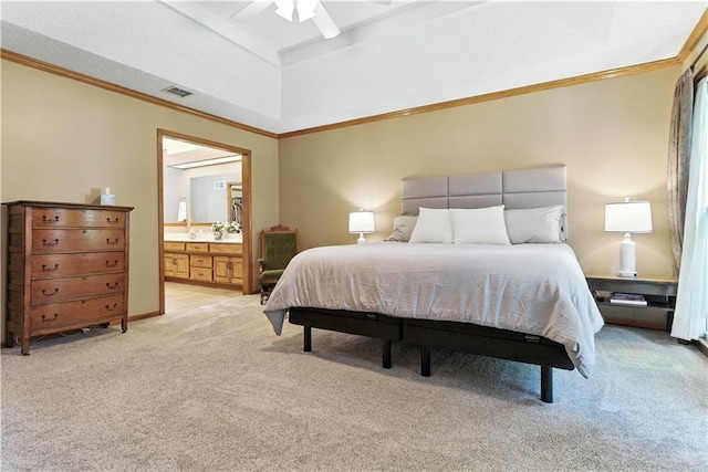 15206 W 85th St, Lenexa, KS 66219 - bedroom with light colored carpet, ornamental molding, ensuite bath, and ceiling fan