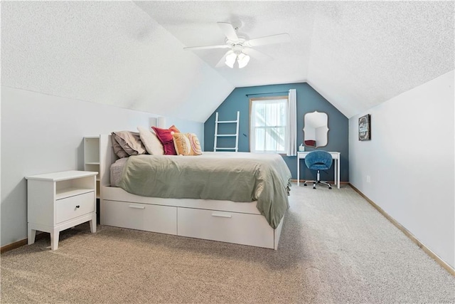 15206 W 85th St, Lenexa, KS 66219 - bedroom with a textured ceiling, light carpet, vaulted ceiling, and ceiling fan