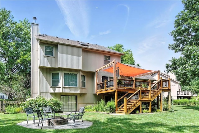 15206 W 85th St, Lenexa, KS 66219 - rear view of property with a fire pit, a wooden deck, stairs, a chimney, and a patio area