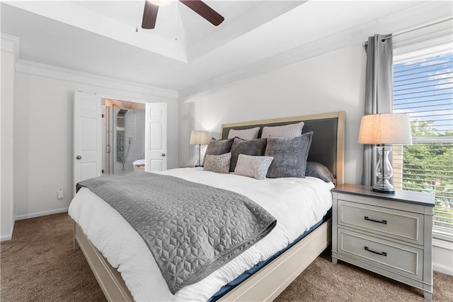 1021 NE Woodbury Ln, Lees Summit, MO 64086 - bedroom with carpet flooring, baseboards, a tray ceiling, a ceiling fan, and ornamental molding