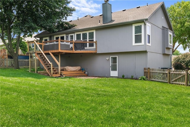 1021 NE Woodbury Ln, Lees Summit, MO 64086 - back of house with a wooden deck, a chimney, stairs, and roof with shingles