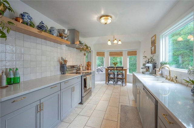 10236 Noland Rd, Lenexa, KS 66215 - kitchen featuring appliances with stainless steel finishes, open shelves, backsplash, a sink, and gray cabinetry