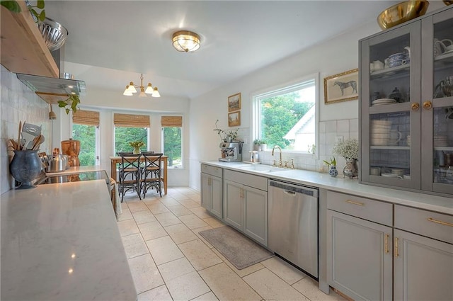 10236 Noland Rd, Lenexa, KS 66215 - kitchen featuring dishwasher, gray cabinetry, tasteful backsplash, a chandelier, and a sink