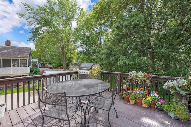10236 Noland Rd, Lenexa, KS 66215 - wooden deck featuring outdoor dining space and a grill