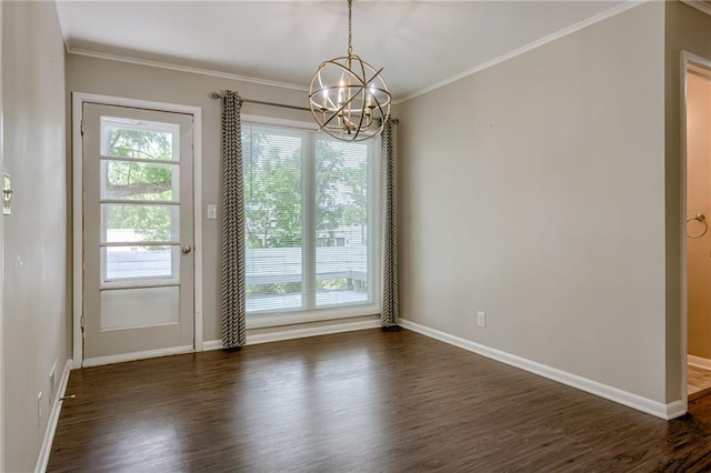 5112 Rock Creek Ln, Mission, KS 66205 - empty room featuring a chandelier, dark wood finished floors, baseboards, and ornamental molding