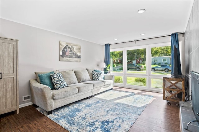5112 Rock Creek Ln, Mission, KS 66205 - living room with dark wood finished floors, recessed lighting, and baseboards