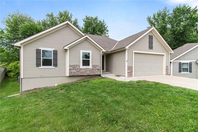 9 Platte Ridge Ct, Edgerton, MO 64444 - ranch-style house with stone siding, a garage, a front lawn, and concrete driveway
