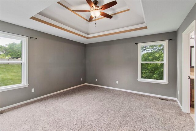 9 Platte Ridge Ct, Edgerton, MO 64444 - unfurnished room with a raised ceiling, ceiling fan, carpet, baseboards, and ornamental molding