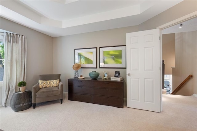 12577 S Alcan Cir, Olathe, KS 66062 - sitting room with carpet flooring, an upstairs landing, and a raised ceiling