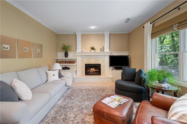 12577 S Alcan Cir, Olathe, KS 66062 - living area featuring ornamental molding and a fireplace