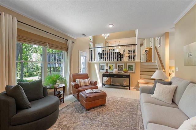 12577 S Alcan Cir, Olathe, KS 66062 - living room featuring ornamental molding, stairway, and a textured ceiling