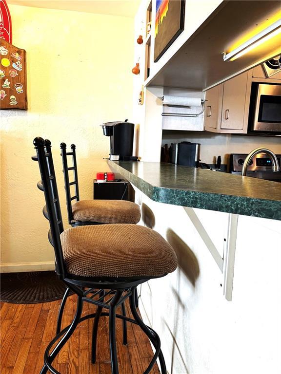 1024 Iowa St, Lawrence, KS 66044 - kitchen with stainless steel microwave, dark wood-style flooring, a sink, and dark countertops