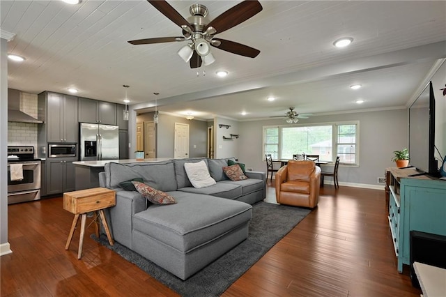 701 N Apache Dr, Independence, MO 64056 - living area featuring ceiling fan, crown molding, baseboards, dark wood-style flooring, and wooden ceiling