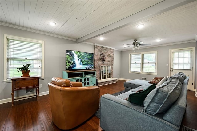 701 N Apache Dr, Independence, MO 64056 - living area featuring baseboards, dark wood-style floors, crown molding, recessed lighting, and a ceiling fan