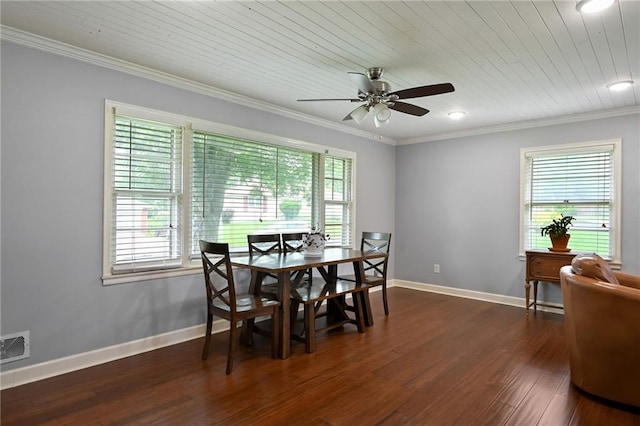 701 N Apache Dr, Independence, MO 64056 - dining room with dark wood-style flooring, a ceiling fan, ornamental molding, baseboards, and wood ceiling