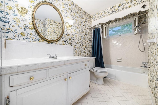 9601 W 97th St, Overland Park, KS 66212 - full bathroom featuring wallpapered walls, vanity, toilet, tile patterned floors, and shower / tub combo